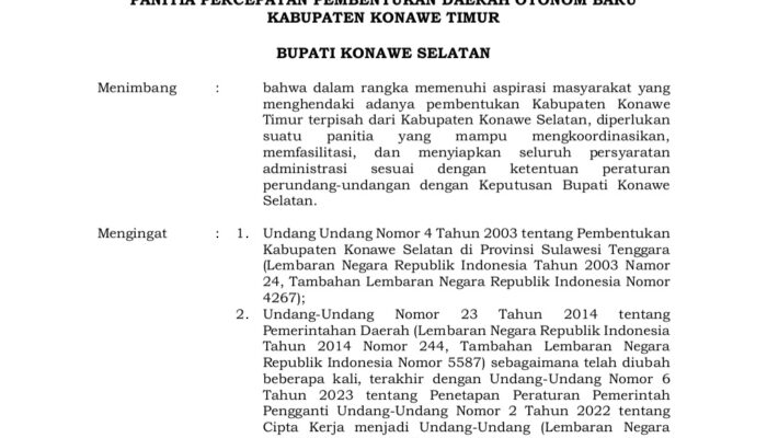 Bupati Konsel Resmi Tetapkan Panitia Percepatan Pemekaran Konawe Timur
