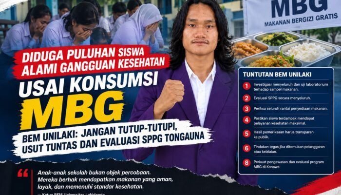 PULUHAN SISWA ALAMI GANGGUAN KESEHATAN USAI KONSUMSI MBG, BEM UNILAKI: JANGAN TUTUP-TUTUPI, USUT TUNTAS DAN EVALUASI SPPG TONGAUNA