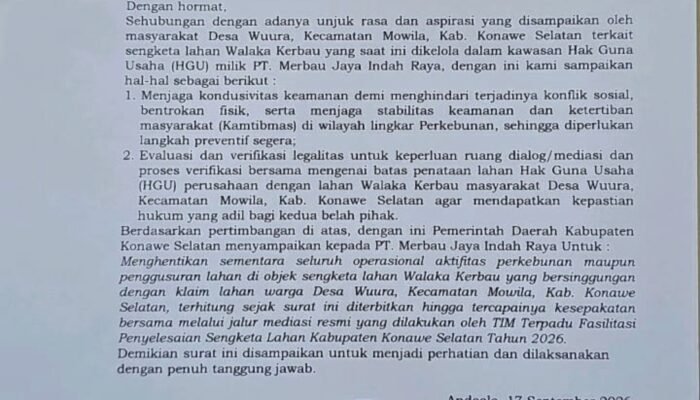 Polemik  Lahan Walaka Kerbau di Desa Wuura, Bupati Konsel Surati PT Merbau “Hentikan Aktivitas Sementara”